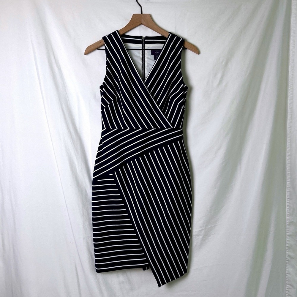 NYDJ Women Sleeveless V-Neck Striped Asymmetric Sheath Dress Size 2 Navy Blue